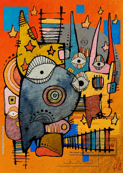 A vibrant, abstract mixed-media artwork features multiple eyes, stars, and geometric shapes in orange, blue, pink, and gray tones.