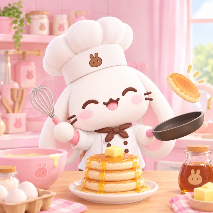 3D illustration of a cute white bunny character dressed as a chef, holding a frying pan and whisk with a stack of pancakes topped with butter and syrup on the counter.