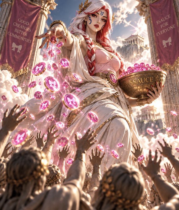 A fantasy illustration shows a goddess-like figure in white robes pouring pink glowing orbs from a golden bowl labeled 'SSAUCE', with banners reading 'GOOD CREATORS BETTER COMMUNITIES' and 'SSAUCE FOR EVERYONE'.