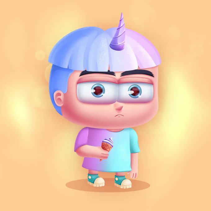 A 3D cartoon character with a purple and blue unicorn-like hairstyle, big expressive eyes, and a small frown holds an ice cream cone against a warm orange bokeh background. The image relates to the post about an NFT minting, likely depicting the character artwork that was sold for $8.5.