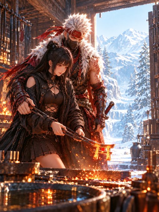 A fantasy anime-style illustration showing a dark-haired woman in black leather working at a forge with a glowing hammer, while a masked warrior in a fur-collared red cloak stands behind her, with snow-capped mountains visible outside the workshop.