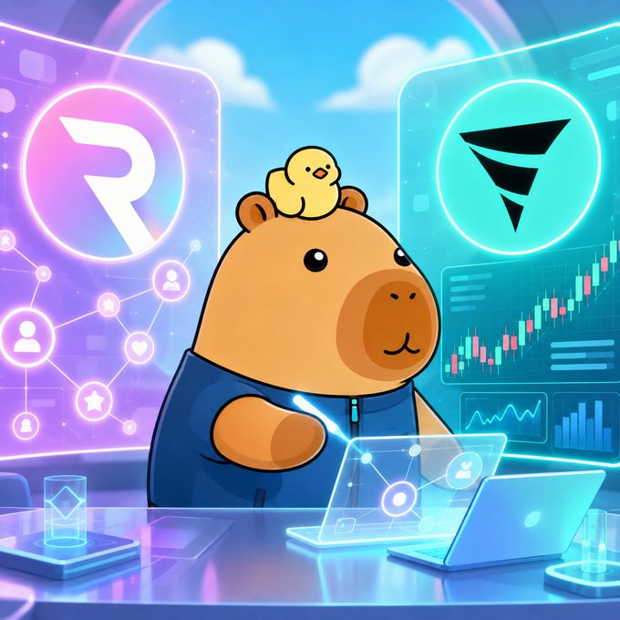 Cute cartoon bear character with a small yellow bird on its head working on a holographic laptop, surrounded by neon displays featuring an "R" logo and a triangular crypto logo with candlestick charts.