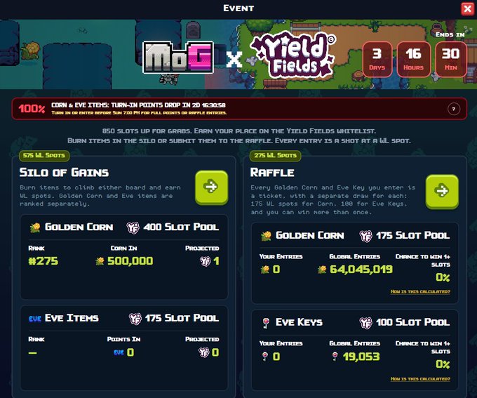 A 'MoF x Yield Fields' gaming event interface showing a countdown of 3 days, 16 hours, 30 minutes, featuring 'Silo of Gains' and 'Raffle' sections for Golden Corn and Eve Key entries.