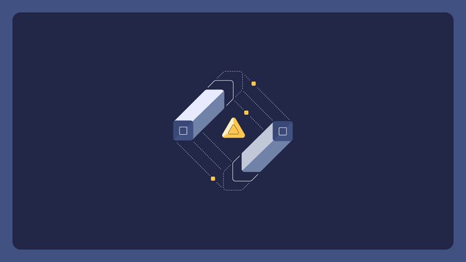 An isometric illustration shows two interlocking 3D rectangular bars connected by dotted pathway lines, with a yellow warning triangle in the center against a dark blue background—visually symbolizing a single stuck transaction (the warning) blocking or freezing the flow between blockchain components, matching the post's theme of how a wedged nonce can halt an entire transaction queue.