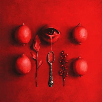 A stylized red-toned image featuring four pomegranates arranged around a central spoon holding dark liquid, flanked by a sprig of leaves and a cluster of red berries.