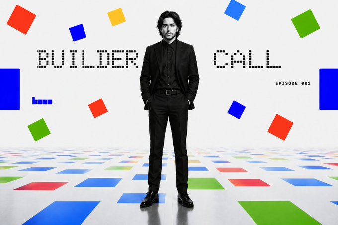 A promotional graphic for "BUILDER CALL EPISODE 001" showing a man in a black suit standing among colorful floating squares on a pixelated floor background.
