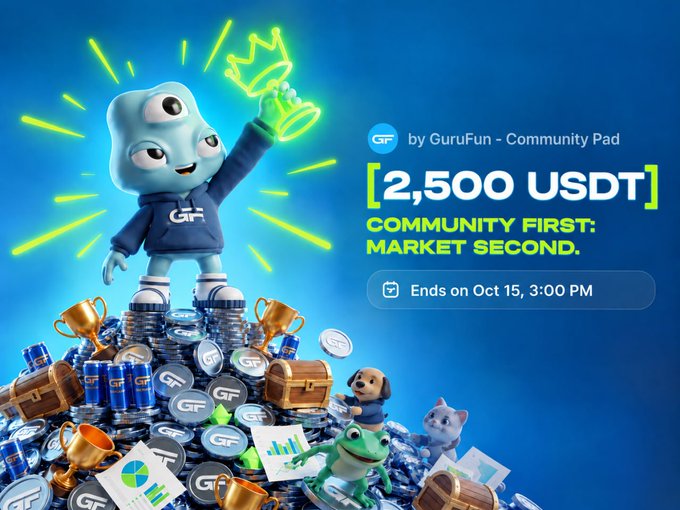 A GuruFun Community Pad mascot triumphantly hoists a glowing green trophy atop a pile of "GF" coins, trophies, and chests, promoting the "Vistory Season: Reveille" campaign on Zealy with a 2,500 USDT leaderboard prize pool ending October 15 at 3:00 PM.