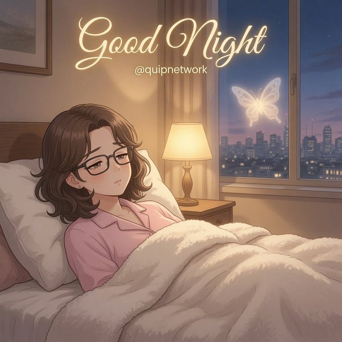 A young woman with glasses rests in bed beside a window where a glowing butterfly hovers over a city skyline at night, with the text "Good Night" and "@quipnetwork" displayed above. The serene, peaceful scene contrasts with the post-quantum security message, suggesting a moment of calm reflection while @quipnetwork works behind the scenes to safeguard blockchain's future against emerging quantum threats.