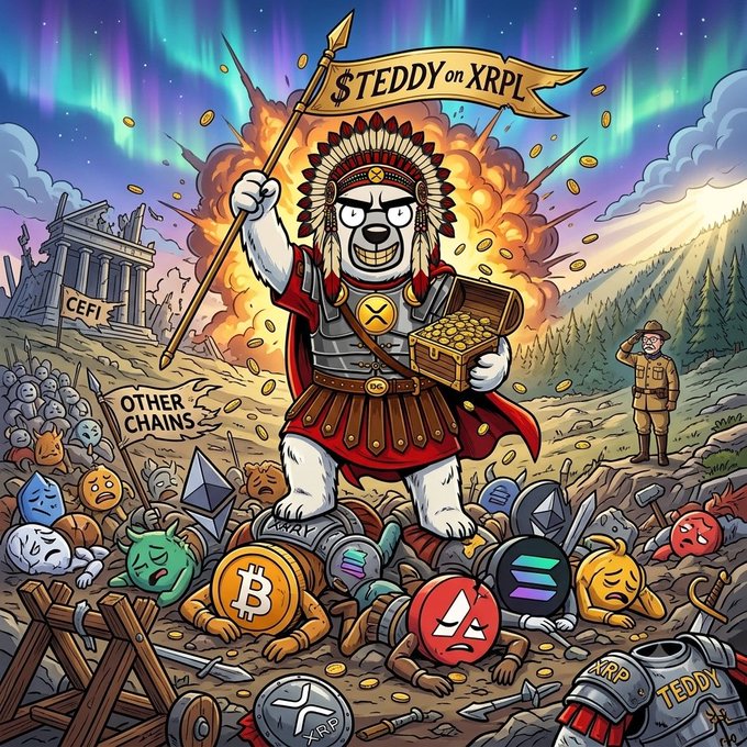 A cartoon illustration depicting a dog mascot dressed as a Roman warrior holding a flag that reads '$TEDDY on XRPL' and a treasure chest of gold coins, standing victorious over defeated cryptocurrency coins including Bitcoin, XRP, and Solana, while a 'CEFI' building burns in the background.
