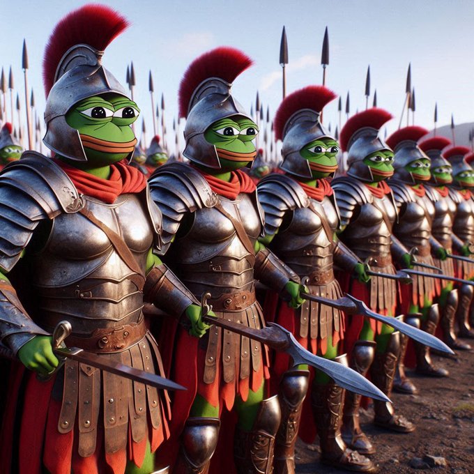 An army of Pepe the Frog characters wearing Roman-style armor, plumed helmets, and capes stand in formation holding swords and spears.