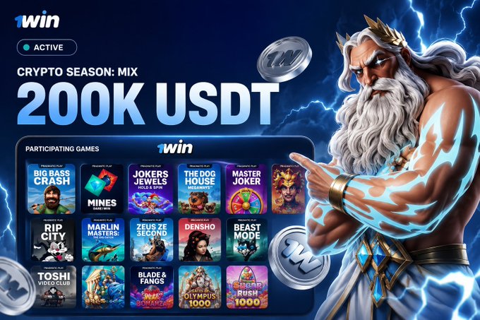 A promotional advertisement features the "1Win" platform's "Crypto Season: Mix" tournament with a 200K USDT prize pool, showcasing a lineup of participating games including Big Bass Crash, Mines, Joker's Jewels, Dog House, Master Joker, Rip City, Marlin Master's, Zeus vs Hades, Densho, Beast Mode, Toshi Video Club, Blade & Fangs, and Sugar Rush 1000, alongside a muscular Zeus-like figure wielding lightning and branded coins.