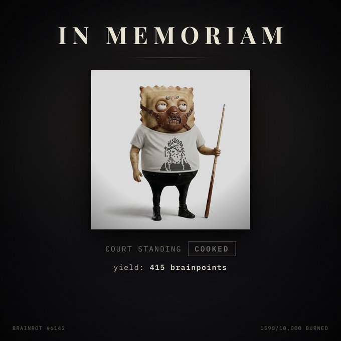 A digital artwork titled 'IN MEMORIAM' showing a quirky character with a toast-like head holding a stick, with text reading 'COURT STANDING', 'COOKED', 'yield: 415 brainpoints', and 'BRAINROT #6142'.