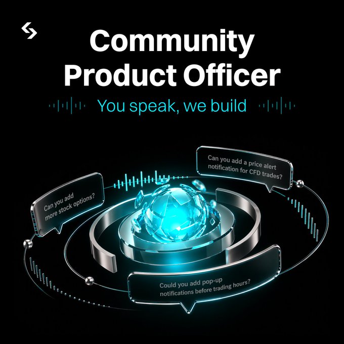 The image features a futuristic design with a blue globe at its center surrounded by speech bubbles containing questions about the program. The text above the image reads "Community Product Officer", indicating that this is an advertisement for the new initiative called the Community Product Officer Program, which aims to bring people closer to product development and innovation through user feedback.