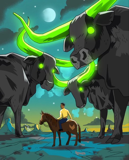 The image shows a lone rider on horseback gazing up at three massive, dark cattle with glowing green horns and eyes beneath a moonlit night sky, evoking a mythic, otherworldly encounter. The post’s reference to "$ANSEM to Valhalla" ties this surreal scene to a crypto rally narrative, positioning the rider as a steadfast believer whose conviction carries him past monstrous bearish forces toward a heroic outcome.