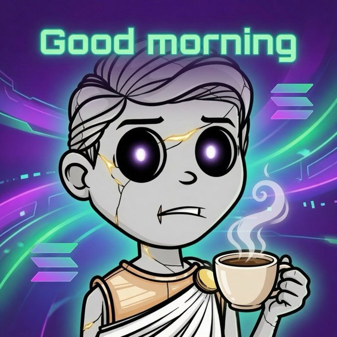 The image features a cartoon character holding a cup of coffee, with the text "Good morning" written above them. The background of the image is purple and green, which gives it an artistic and whimsical feel. In the bottom right corner of the image, there's a caption that reads "Gm I want to buy you a coffee Picking 1 winner in 12 hours Comment SOL wallet". This suggests that the cartoon character might be participating in a contest or giveaway related to coffee appreciation, with the goal of winning a coffee-related prize.