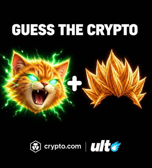 A 'GUESS THE CRYPTO' graphic featuring an angry orange cat with green lightning alongside a golden spiky icon, with crypto.com and ult logos at the bottom.