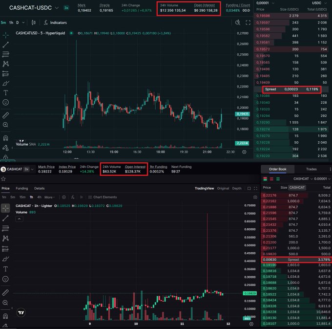 A trading interface showing the CASHCAT-USDC Hyperliquid perpetual contract charts with 24h Volume of $12,356,135.54 and a spread of 0.119%.