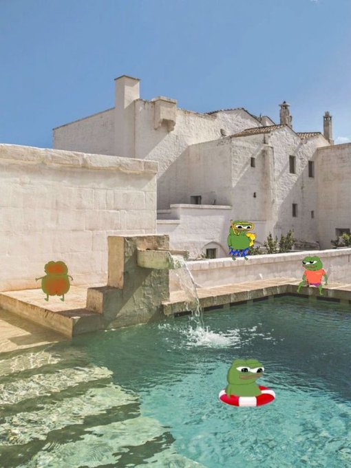 An edited photo of a stone courtyard pool featuring Pepe the Frog cartoon characters in various poses, including one floating on a life ring.