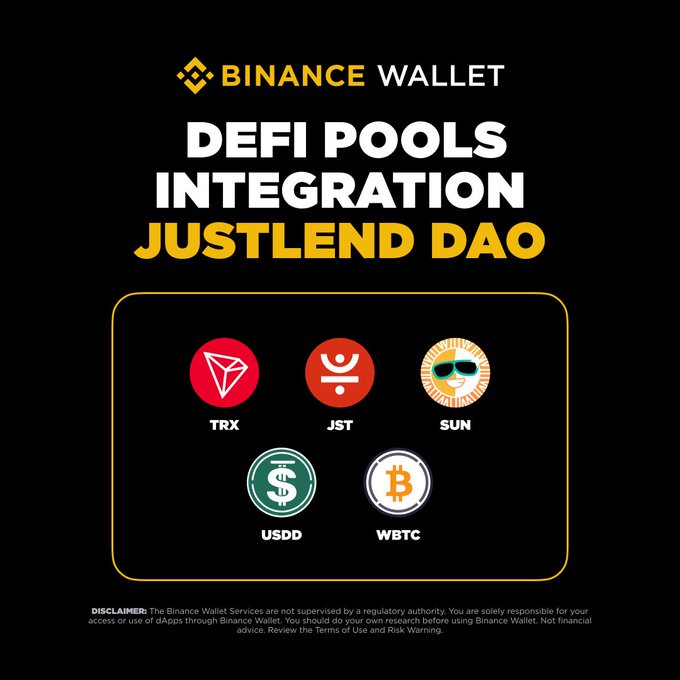 A Binance Wallet promotional graphic announcing DeFi Pools Integration with JustLend DAO, featuring token icons for TRX, JST, SUN, USDD, and WBTC.