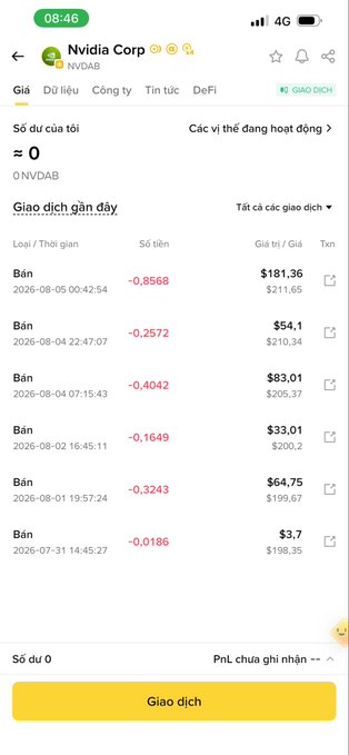 A mobile stock trading app screenshot showing the portfolio for 'Nvidia Corp' (NVDAB) with a current holding of zero shares, displaying a history of recent sell ('Bán') transactions in Vietnamese.