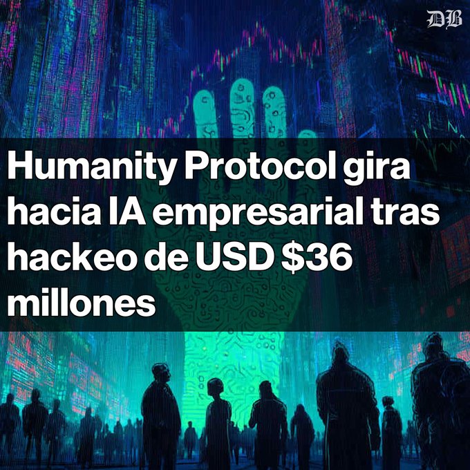 A digital art illustration with silhouettes of people against a circuit-board backdrop, headlined 'Humanity Protocol gira hacia IA empresarial tras hackeo de USD $36 millones'.