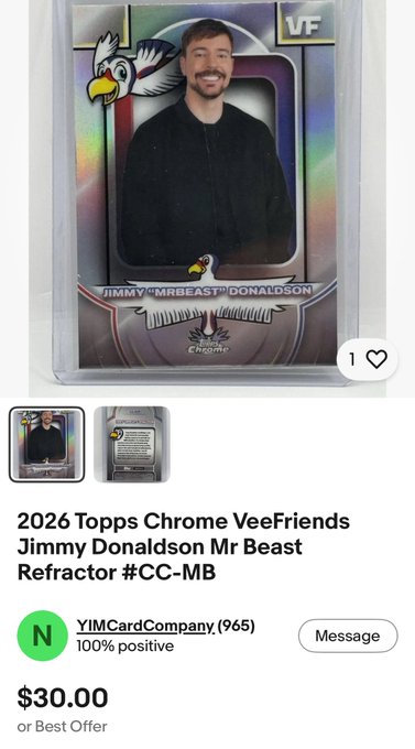 A $30 listing for a 2026 Topps Chrome VeeFriends Mr Beast Refractor #CC-MB trading card from seller YIMCardCompany, contrasting with the post's argument that Mr Beast cards are a better value than expensive Michael Jordan rookies.