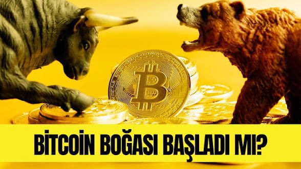 A dramatic yellow-tinted image shows a charging bull and a roaring bear facing off on either side of a large gold Bitcoin coin, with the Turkish caption "BİTCOİN BOĞASI BAŞLADI MI?" (Has the Bitcoin bull started?) displayed at the bottom. The visual perfectly complements the post's message about monitoring market reactions at critical levels, symbolizing the ongoing bull-bear struggle and the tension between chasing news and reading market sentiment around Bitcoin's key thresholds.