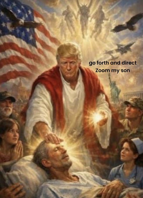 A patriotic meme image depicting a figure with blonde hair in robes laying hands on a sick man, with text reading 'go forth and direct Zoom my son'.