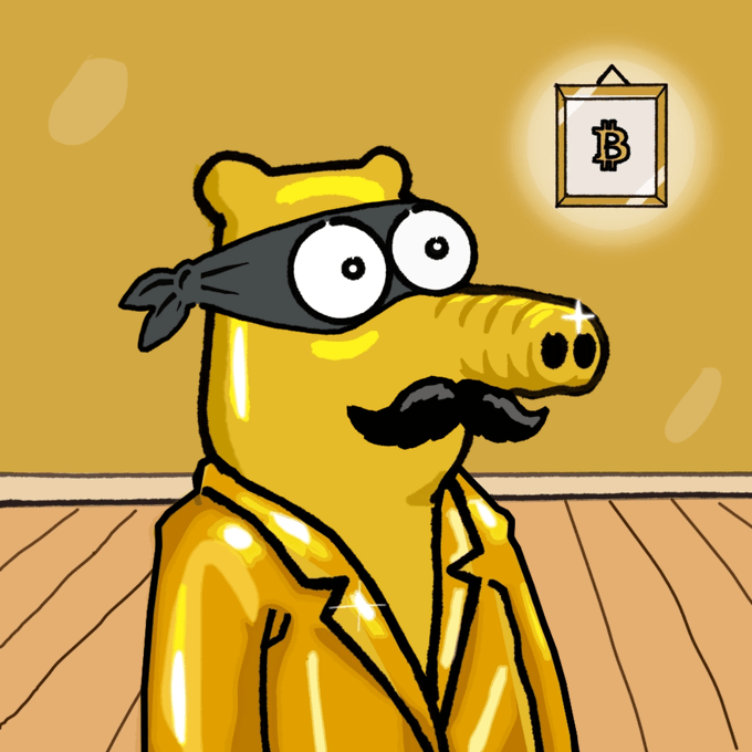 A cartoon golden bear-like character wearing a black bandit mask and a fake mustache stands in a yellow room, with a framed Bitcoin logo hanging on the wall behind it.
