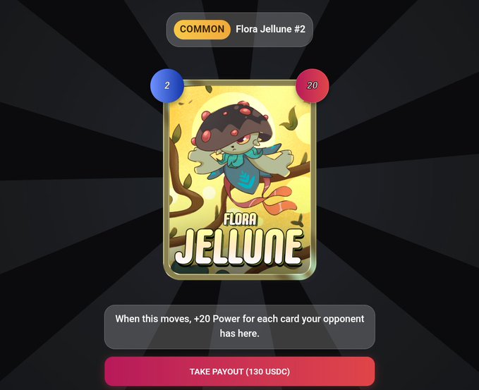 A digital collectible card titled "Flora Jellune #2" displays a mushroom-like character with a 2 (blue) and 20 (pink) stat indicator, labeled as "COMMON" and offering a "TAKE PAYOUT (130 USDC)" option. The post reflects on this pull, highlighting the real dilemma between cashing out the 130 USDC buyback or keeping the card to leverage its "+20 Power" synergy in an actual deck.