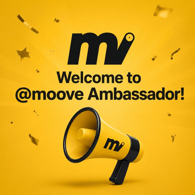 A bright yellow graphic welcomes viewers as a @moove Ambassador, featuring the 'mv' logo and a 3D megaphone illustration with confetti.