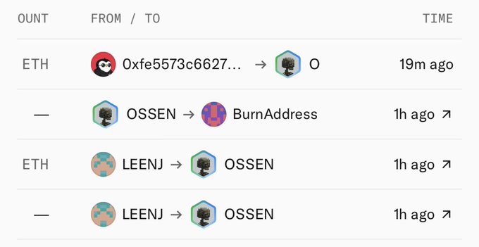 A screenshot of NFT/transaction activity showing ETH and token transfers involving addresses '0xfe5573c6627...', 'OSSEN', 'BurnAddress', and 'LEENJ' within the last 19 minutes to 1 hour.