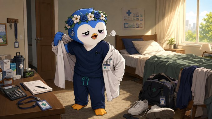 An anime-style illustration of a penguin character wearing a flower crown and medical scrubs, putting on a white doctor's coat in a bedroom setting, with various medical supplies scattered around.