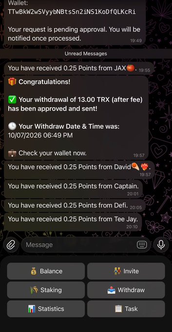 A Telegram chat interface showing a withdrawal confirmation of 13.00 TRX (after fee) processed on 10/07/2026, alongside notifications of 0.25 TRX referral points received from users JAX, David, Captain, Defi, and Tee Jay. The image visually supports the post's claim of a free $10 reward, demonstrating the payout proof and invite earnings within the TRXVaultt bot.