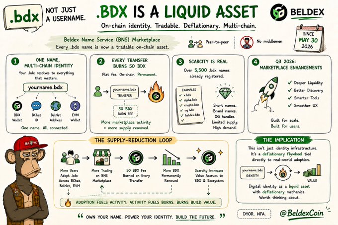 An infographic titled 'BDX IS A LIQUID ASSET' promoting the Beldex Name Service (BNS) marketplace, highlighting on-chain identity, deflationary tokenomics with 50 BDX burn fees, and supply-reduction loops for the .bdx cryptocurrency.