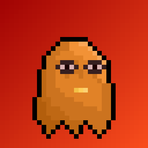 A pixel art portrait of a character resembling Kanye West against a solid red background.
