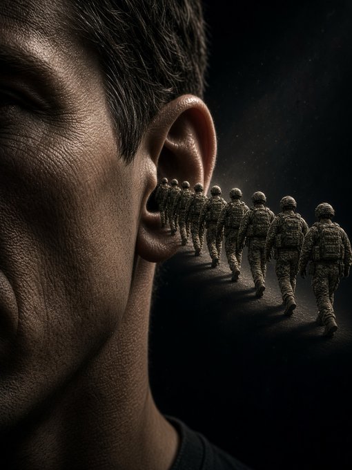 A surreal close-up of a person's ear, showing miniature soldiers in camouflage uniforms marching in formation into the ear canal against a dark background.