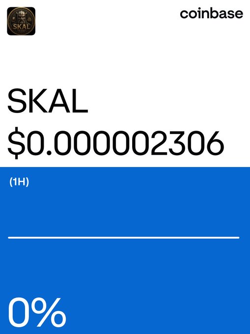 A Coinbase price display showing SKAL cryptocurrency at $0.000002306 with 0% change over 1 hour.