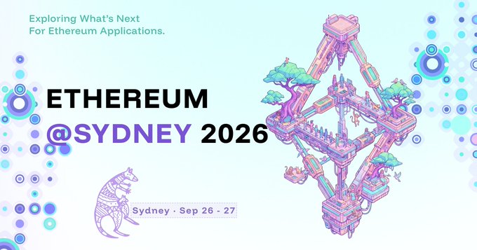 A promotional graphic for 'ETHEREUM @SYDNEY 2026' with the tagline 'Exploring What's Next For Ethereum Applications,' taking place in Sydney on Sep 26-27, featuring pixel-art illustration of a tower and trees.