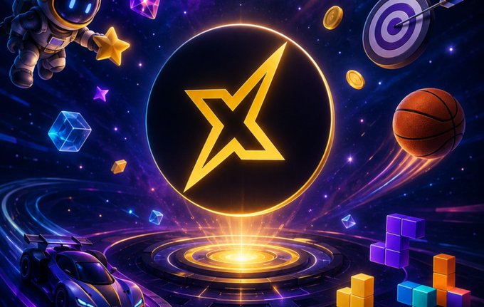 A digital artwork featuring a glowing star emblem in the center, surrounded by various objects including an astronaut, basketball, race car, Tetris blocks, coins, and crystals against a cosmic purple background.