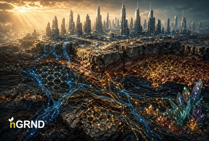 A fantasy sci-fi digital artwork depicting a futuristic city skyline built on a cliff edge, with glowing blue energy rivers flowing across a hexagonal grid landscape below, watermarked "nGRND".