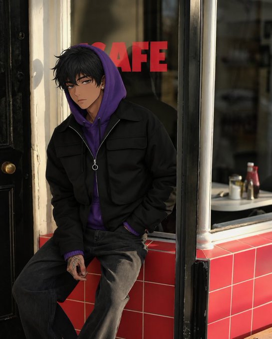 A stylish anime-style illustration shows a dark-skinned character with black hair sitting at a counter outside a cafe, wearing a purple hoodie under a black jacket, with "CAFE" visible in red text on the window behind him. The image perfectly matches the relaxed Friday energy—capturing that "step out and touch grass" vibe with its cool, casual aesthetic and vibrant purple accents echoing the "💜" in your post.