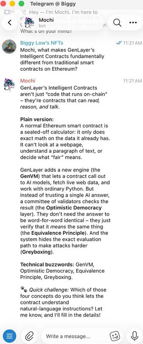 A Telegram chat screenshot from user Mochi (Biggy Low's NFTs) explaining how GenLayer's Intelligent Contracts differ from traditional Ethereum smart contracts, referencing GenVM, Optimistic Democracy, Equivalence Principle, and Greyboxing, with a Quick Challenge prompt.