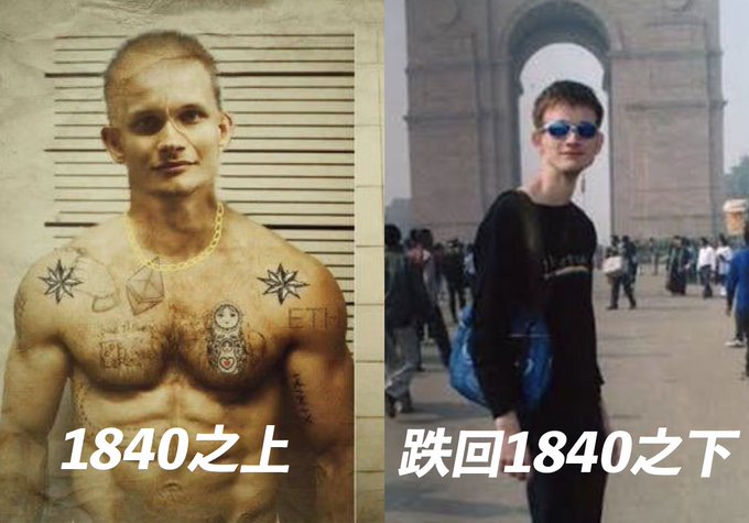 A meme with two photos labeled in Chinese: "1840之上" (above 1840) showing a muscular tattooed man in a mugshot, and "跌回1840之下" (falling back below 1840) showing a young man in front of India Gate.