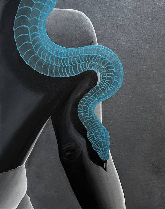 A grayscale painting of a nude figure with a glowing blue snake coiled around their shoulder and head, set against a dark background.