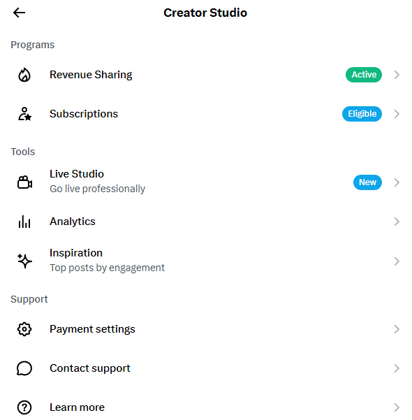 A mobile Creator Studio screen displays program options including Revenue Sharing (Active), Subscriptions (Eligible), and tools like Live Studio (New), Analytics, and Inspiration.