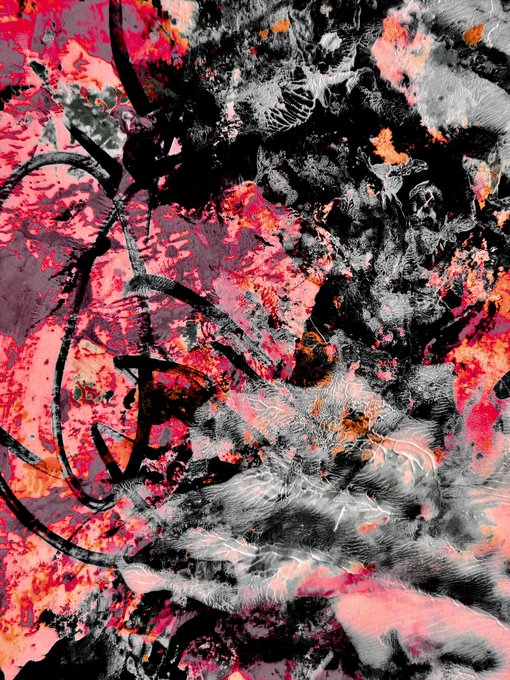An abstract, highly textured artwork featuring a chaotic mix of black, white, and vibrant pink and red splatters with dark, swirling branch-like lines.