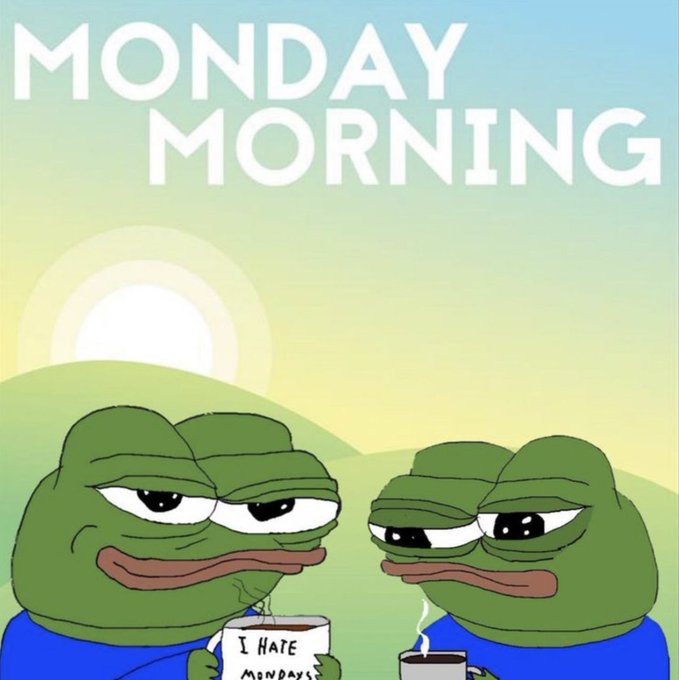 Two grumpy cartoon frogs sit holding coffee mugs with one saying 'I HATE MONDAYS' under the heading 'MONDAY MORNING'.