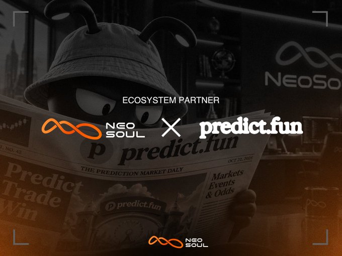 A dark promotional graphic announces “ECOSYSTEM PARTNER” between NEO SOUL and predict.fun, with their logos centered and Neo Soul branding in the background. It illustrates the post’s announcement about integrating predict.fun to build an AI agent layer for prediction-market trading.