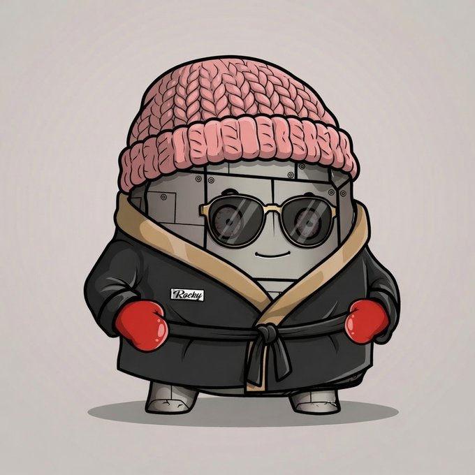 A chibi-style illustration of a robot character wearing a pink knit beanie, round sunglasses, a black robe with a tan collar, and red boxing gloves, with a nametag reading 'Rocky'.